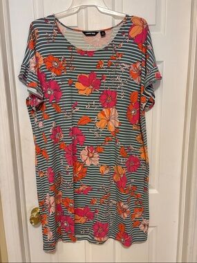 Lands' End Gray  Striped T-Shirt Dress with Pink & Orange Floral Print